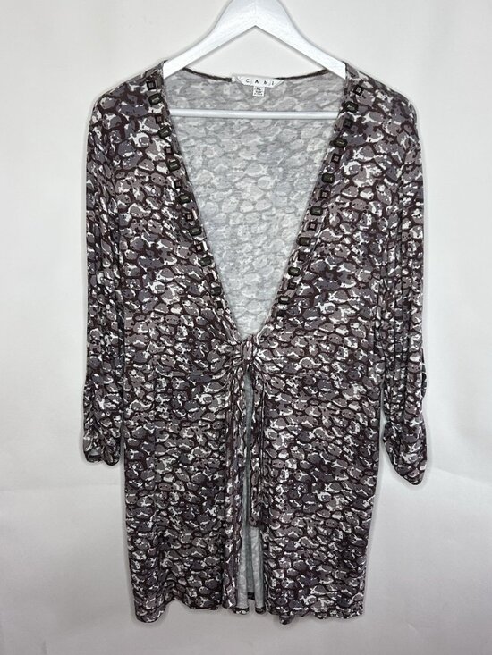 CAbi Sweaters - Cabi Womens Cobblestone Tie Front Cardigan Top Brown White 3/4 Sleeve Stretch XL